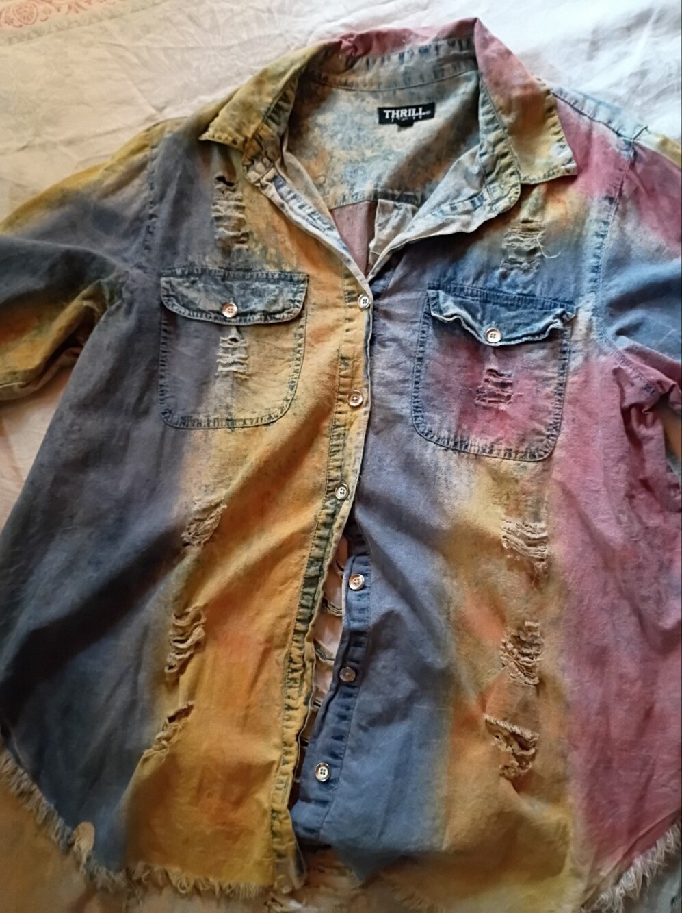 Thrill Women's/ Men's Distressed Tie-Dye Button-Down Shirt - Blue, Yellow, Red